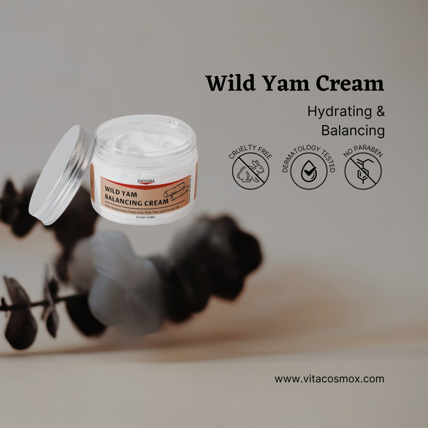 Wild Yam Cream jar with branding and product details on a blurred background